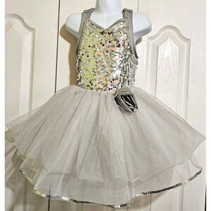 Weissman Silver Sequin Dance Biketard Tutu Set Costume Lyrical Ballet Jazz Acro